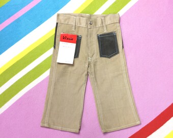 70s Vintage KIDS Denim Flares Childrens 1970s Beige Tan Brown Bell Bottoms Cotton Jeans Trousers Childs Pants - 20 Age 2 - 3 Years 56cm 22"
