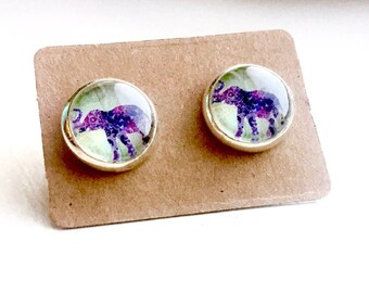 Elephant Earrings, Gifts Under 5, Purple Earrings, Unique earrings, Elephant Jewelry, Animal Jewelry, Elephant Stud Earrings, Cabochon