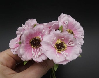 6 Pink Cherry Flowers Silk Flowers Artificial Flowers Fake Flowers Silk Flowers Green Decorative Flowers Craft Flowers