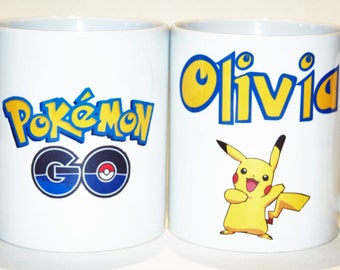 Pokemon Go mug, Picachu, Girl's Pokemon gift, Boy's Pokemon mug, personalised name mug Olivia, children's gift mug, Picachu mug