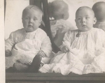 Vintage photo Unusual Mirror Reflection Baby times 2 Back of Head RPPC