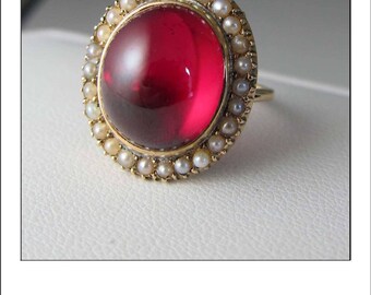 Antique Art deco 10k Ruby Seed Pearl Halo Ring