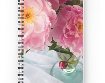 Peony Notebook, Pink Gift for Gardener Floral Notebook Feminine Gratitude Journal Flower Diary for Women Garden Journal Teal Spiral Notebook