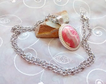 Gemstone Drop Pendant Necklace, Rhodochrosite Cabochon Necklace, Pink Gemstone Necklace, Pendant Necklace, Gemstone Necklace