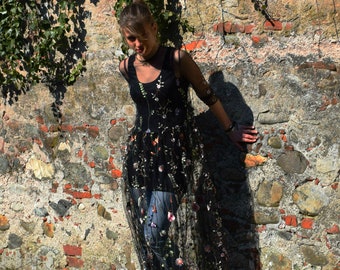 Midsummer night dream long lace tulle dress, embrioded whit flowers