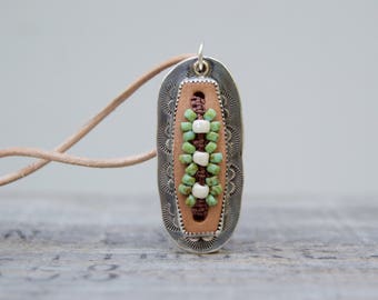 Leather Beaded Sterling Necklace . Handmade . Rustic . Hand Forged. Hand Stamped . Seed Bead . Relics