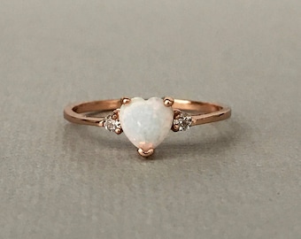 White Opal Heart Rose Gold Simulated Diamond Sterling Silver Engagement Promise Ring, Dainty Simulated Diamond Heart Women's Ring