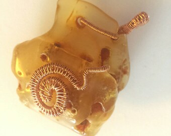 Mexican Amber, Wire Wrapped Pendant, Intricate Wire Wrap, Amazing Mineral Specimen, Metaphysical Tool, Jewelry Supply