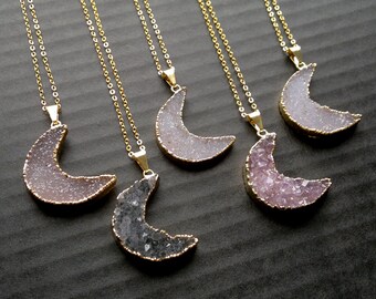 Crescent Druzy Necklace Druzy Moon Necklace Crescent Jewelry Druzy Jewelry Boho Jewelry Gypsy Jewelry Boho Necklace Gift Her Moon Jewelry