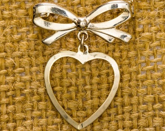 Gold Bow and Dangling Heart Brooch Vintage Thin Dainty Shiny Broach Vtg Pin 7JJ