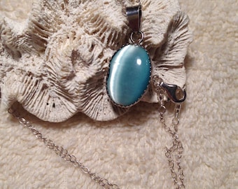 Turquoise Cats Eye Sterling Silver Pendant 1.12" Long .5" Wide on Sterling Silver 18.25" Chain Previously 35 Dollars ON SALE