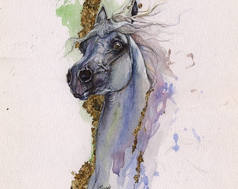 Grey arabian horse original gilded watercolour painting