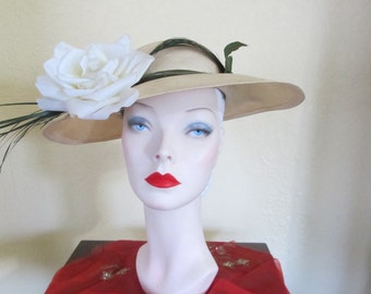 VINTAGE 1950's 1960's JACK MCCONNELL Natural Straw Large Brim Portrait Wide Brim Hat with Rose---0000027