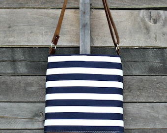 Crossbody Bag, Navy and White Stripe, Genuine Leather, Everyday Purse, Adjustable Strap