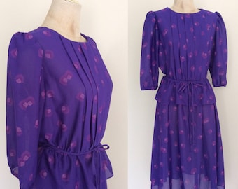 1980's Purple Printed Peplum Polyester Dress Size Small Medium Large by Maeberry Vintage