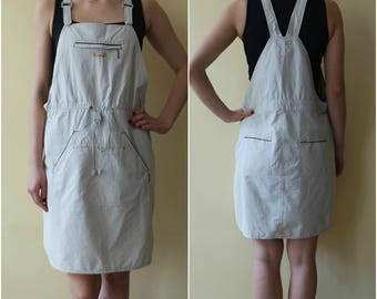 Vintage Women's Beige Overalls, Skirt Overalls, Beige Sarafan, Size XL
