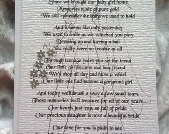 Parents of the Bride To their Daughter Personalised Bespoke Keepsake Sentiment Wedding Poem Card