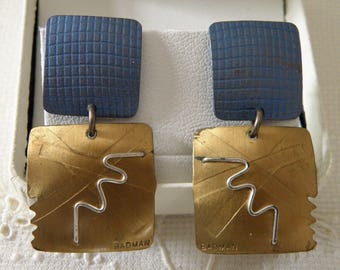Mixed Metal Blue Gold and Silver Earrings - signed
