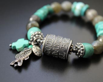 Anne Choi bead genuine turquoise bracelet, sterling silver quote bead bracelet, stretch stacking boho bracelet, labradorite bracelet, OOAK