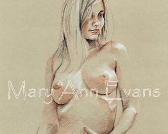 Mary Ann Evans Erotic Female Nude Study (MAECP40) MATURE. Print from original conté drawing