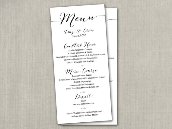 Wedding Reception Table Menu Menus Size Cards 4 x 9 Wedding Reception Table Menu Menus Size Cards 4 x 9 Printed thank you custom color Navy Coral Peach Pink Blue etc • • • PURCHASE INCLUDES • • • 4 x 9 Menus - 1