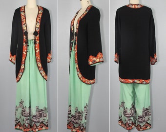1920s silk pongee | kimono jacket and pants | flapper | lounge set | beach pajamas