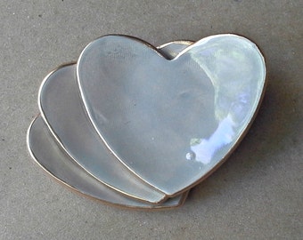 THREE Taupe Heart Ring Bowls 2 1/2 inches itty bitty edged in gold