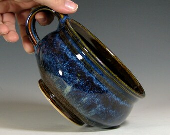 Set of 4, Made to OrderSoup bowl, hand made ceramic, cappuccino mug, chili onion soup crock, glazed in brown blue