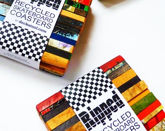 Ripped Coaster Set of (3) Three by Deckstool. Recycled Skateboard Home Decor. Wood, Beer, Bright, Colorful, Fun Skater boy or girl Gift