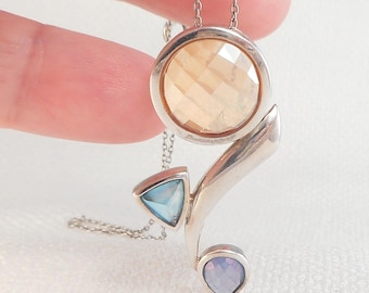 Vintage Modernist Sterling Abstract Drop Stones Necklace Abstract Faceted Glass Stones Necklace Sterling Silver Modernist Necklace