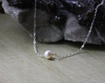 Single Pearl Necklace - Freshwater Pearl Necklace - Pearl Station Necklace - Sterling Silver - Birthstone Jewelry - Bridal Necklace
