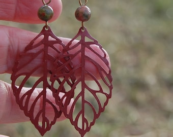 Bohemian Leaf Earrings, Unakite Gemstone Dangle Earrings, Rustic earrings, Hippy Earrings, Red Boho Chic, Handmade Jewelry, Gift for her