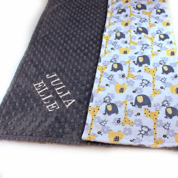 Elephant Minky Baby Blanket Boy, Yellow Gray Personalized Blanket, Animal Baby Blanket, Receiving Blanket Name Baby Blanket Baby shower gift