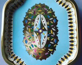 Gold Leaves Robins Egg Blue Metal "236 Leaves" Serving Tray by Baret Ware - Made in England