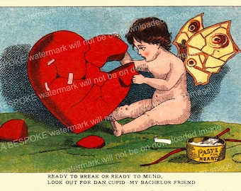 Printable Vintage Cupid card, antique valentine, Instant Download, Dan cupid, broken heart, mend a broken heart