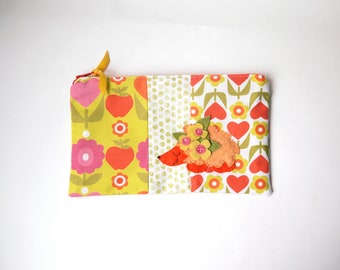 Zipper Pouch,5.5x8.75" in red, pink, orange, yellow and green floral print fabric with Handmade Felt Hedgehog Embellishment, Zipper Pouch