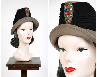 1940s Vintage Hat - Striking and Rare Tall 40s Peaked Hat with Wrapped with Jersey and Studded with Multicolor Beads
