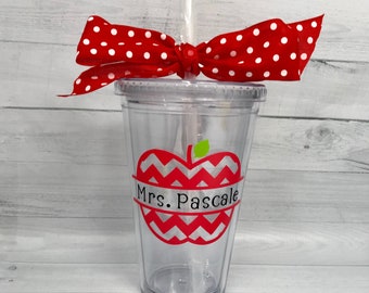 Personalized Teacher Tumbler, Chevron Apple Cup, Teacher Name, Acrylic Tumbler, Teacher Gift, Teacher Appreciation, End of School Year