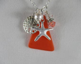 coral sea glass necklace, starfish necklace, sand dollar necklace, nautical necklace, beach glass necklace, beach ocean lover's gift