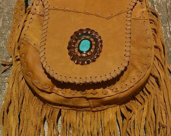 Boho leather bag turquoise fringe purse large size