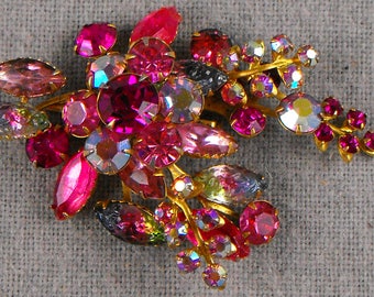 FLORAL SPRAY BROOCH Prystal Watermelon Navettes & Aurora Borealis Crystals