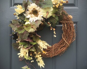 White Pumpkin Wreath, Fall Pumpkins, White Pumpkin Decor, Fall Decorating, Sunflower Wreaths, Fall Sunflowers, Fall Door Decorations
