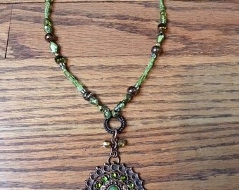 Up cycled, Peridot, Metal, Green and Copper Colored Necklace
