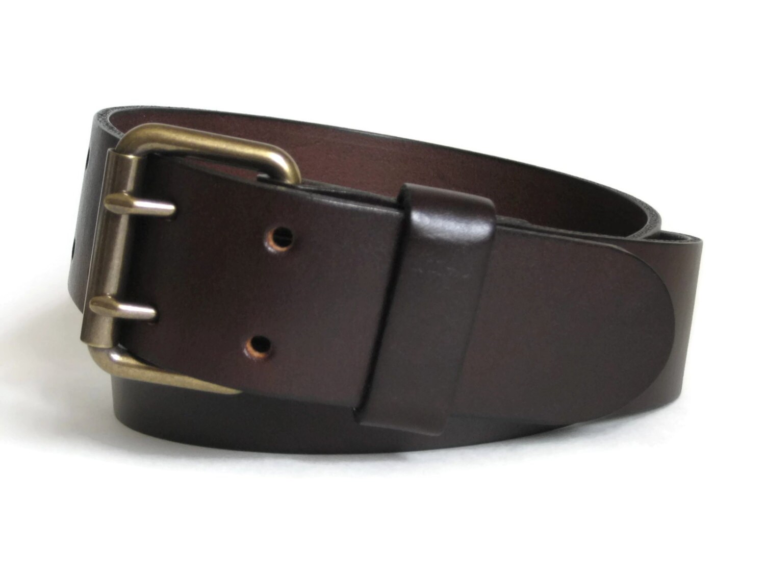 Men's Brown Leather Belt 2 Prong Brass Buckle Mens Jeans