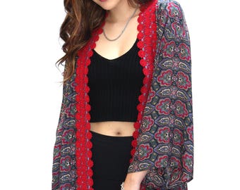 Scarlet Trim Soft Paisley Kimono, Free Size Kimono, Boho Kimono, Paisley Kimono