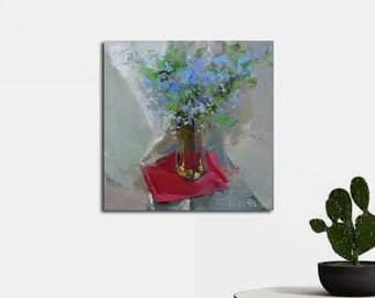 Blue painting Floral art canvas painting, Bouquet of Flowers, Oil painting modern, Still life painting