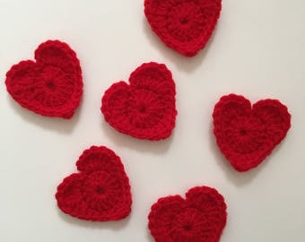 Set of 6 Red Crochet Heart Appliqués | Crocheted Hearts to Use for Arts and Crafts, Gift Giving, and More! | Heart Embellishments