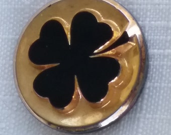 Vintage Glass cabochon.SHAMROCK clover German 20mm 14kt gold BLACK
