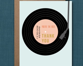 Whimsical Record Thank You Greeting Card // 1 4.25x5.5 PRINTED Card + Envelope // Greeting Card, Thank You Card, Party Thank You