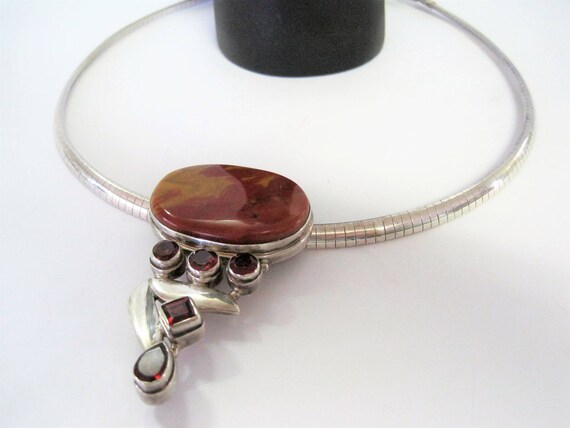 Sterling Silver Necklace, Modernist Style, Agate Rhinestone Pendant, Signed 925, Polished Agate Stone, Sterling Omega, Statement Necklace